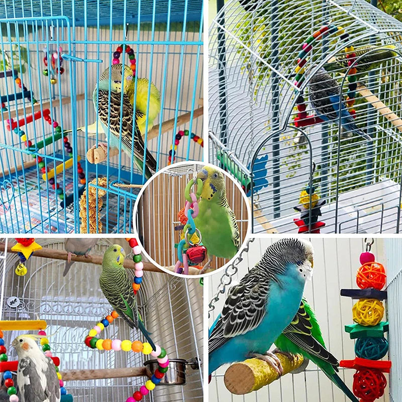7-Piece Wooden Parrot Toy Set - Interactive Bird Cage Accessories with Swing, Bridge & Bells