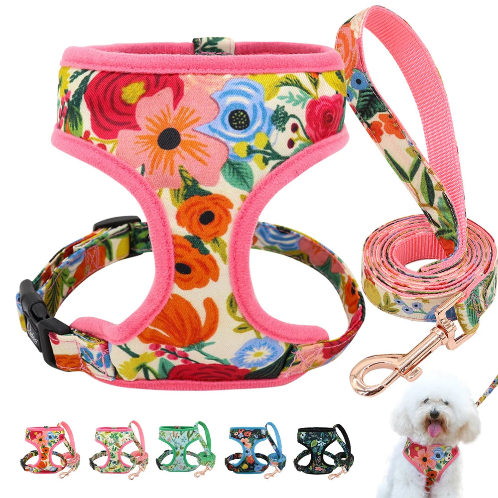 Floral Print Dog Harness and Leash Set - Adjustable Comfort Vest for Small to Large Dogs