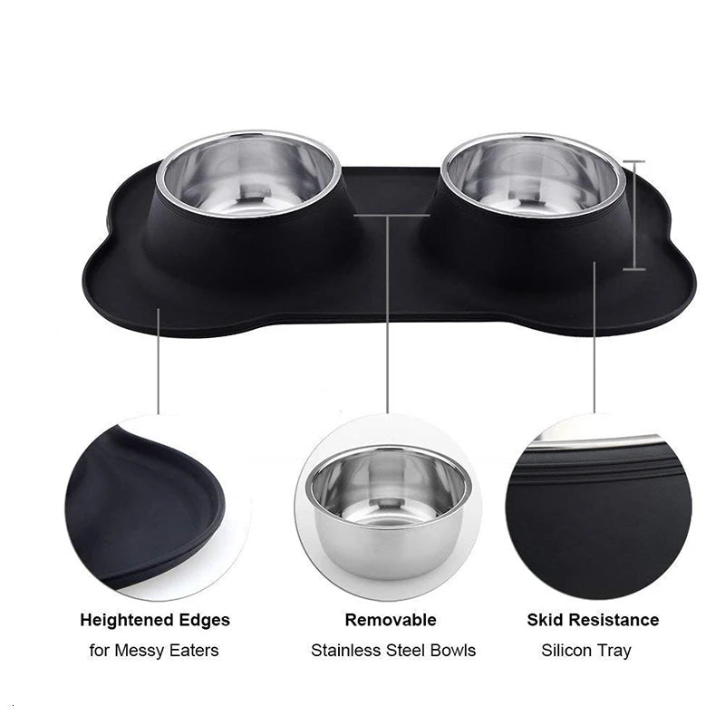 Benepaw Double Dog Bowl with Anti-Slip Silicone Mat - Stainless Steel Pet Feeder