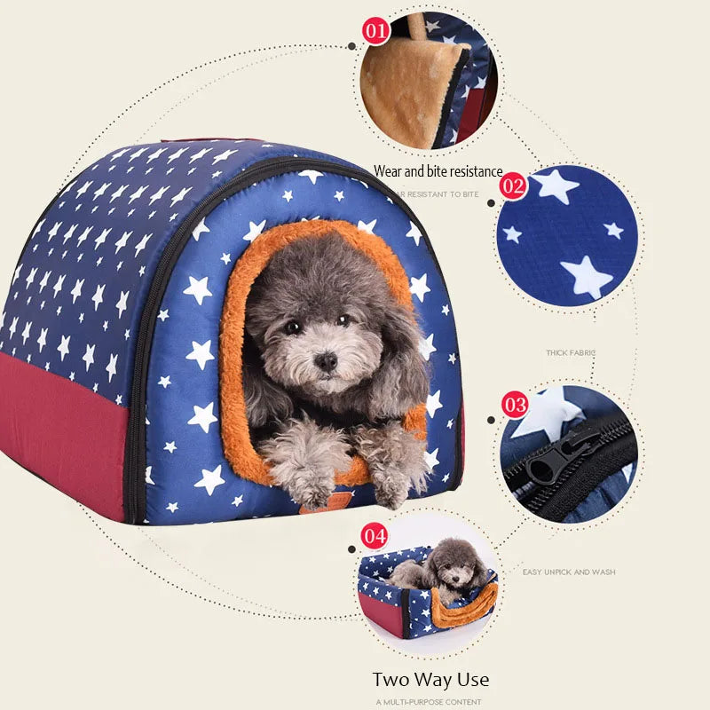 Cozy Star Print Pet House - Foldable Dog & Cat Bed