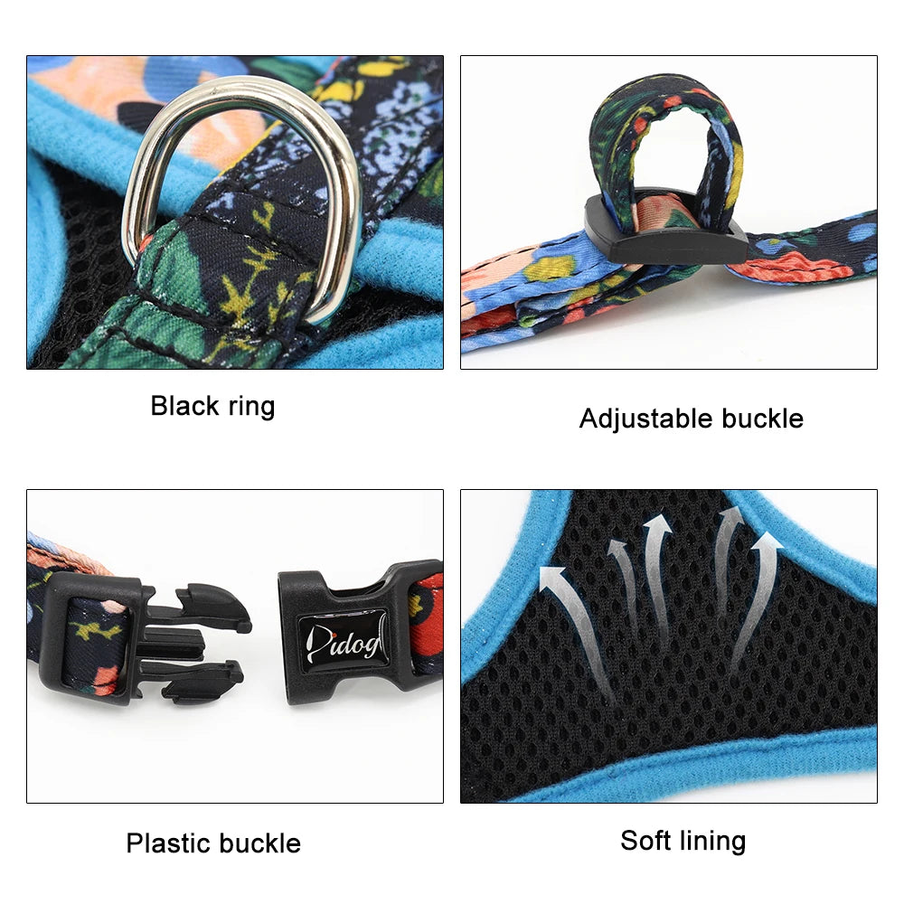Floral Print Dog Harness and Leash Set - Adjustable Comfort Vest for Small to Large Dogs