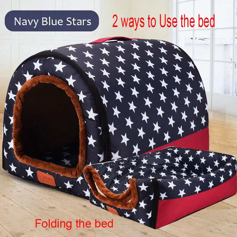 Cozy Star Print Pet House - Foldable Dog & Cat Bed