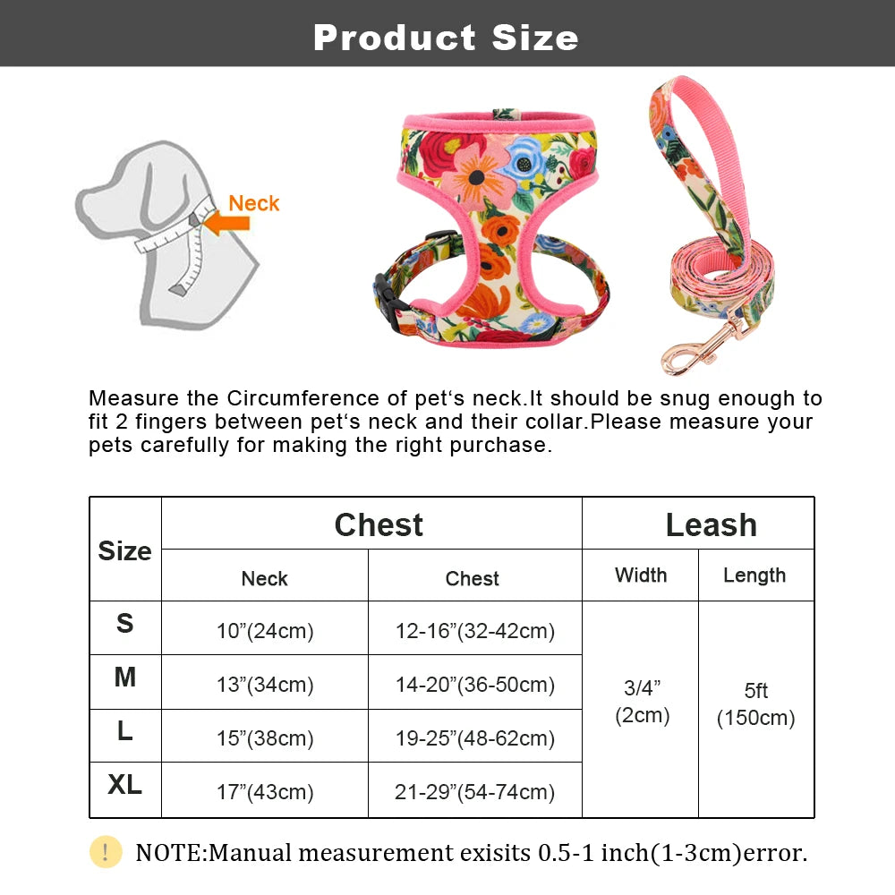 Floral Print Dog Harness and Leash Set - Adjustable Comfort Vest for Small to Large Dogs
