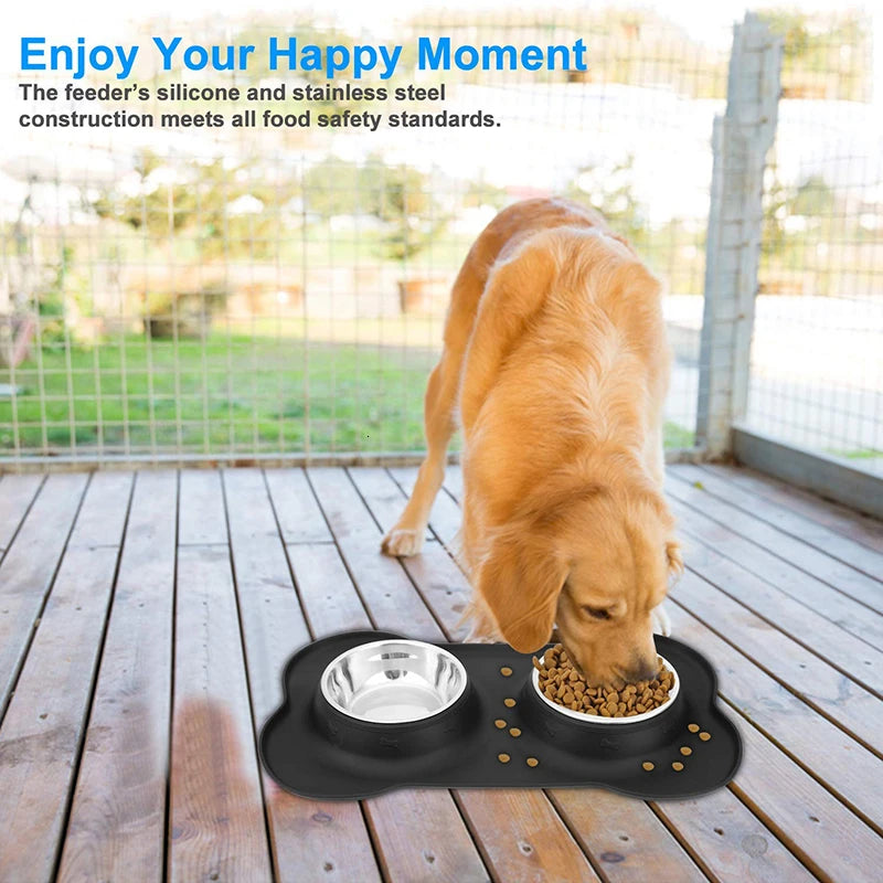 Benepaw Double Dog Bowl with Anti-Slip Silicone Mat - Stainless Steel Pet Feeder