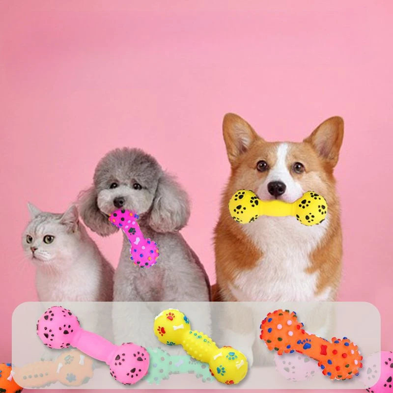 Paw Print Dumbbell Dog Chew Toy - Interactive Squeaker Toy for Teeth Cleaning