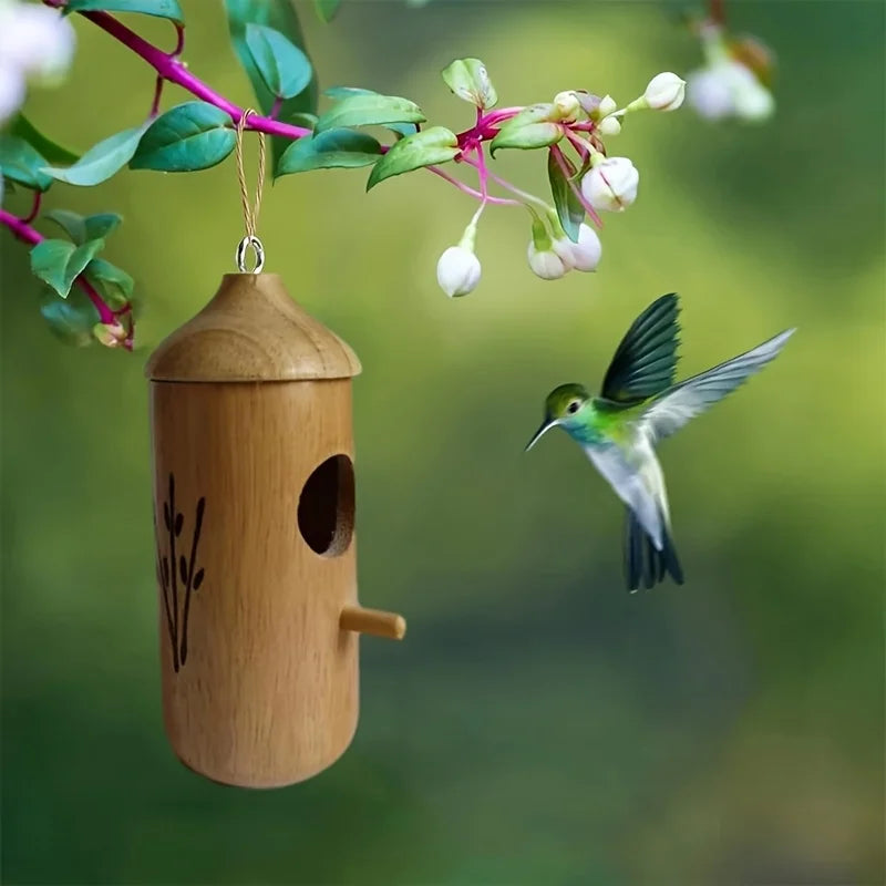 Wooden Hanging Hummingbird House - Handcrafted Outdoor Bird Nest