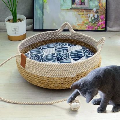 Premium Woven Rattan Cat Bed - Breathable Summer Sleeping House