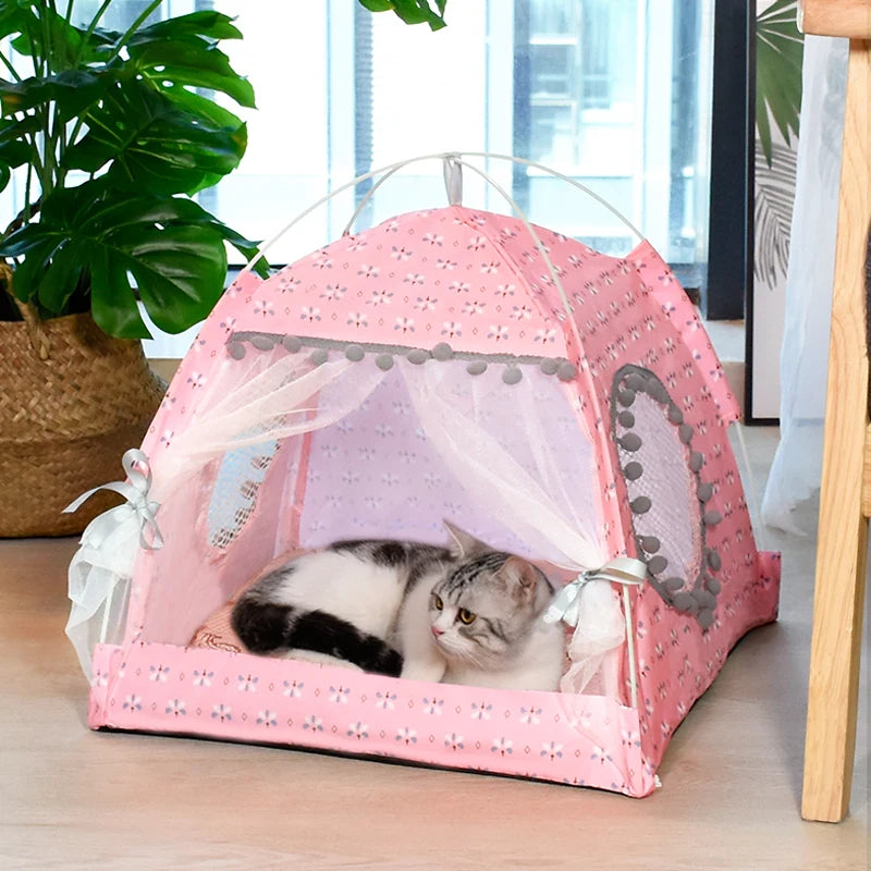 Semi-Enclosed Floral Cat Tent - Cozy All-Season Pet Bed
