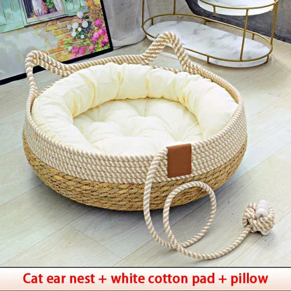 Premium Woven Rattan Cat Bed - Breathable Summer Sleeping House