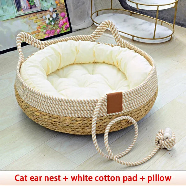 Premium Woven Rattan Cat Bed - Breathable Summer Sleeping House