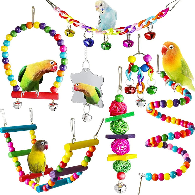 7-Piece Wooden Parrot Toy Set - Interactive Bird Cage Accessories with Swing, Bridge & Bells