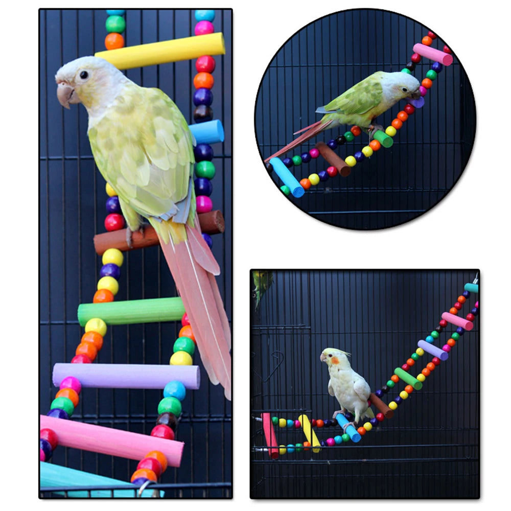 12-Step Wooden Bird Ladder - Colorful Climbing Bridge Toy for Parrots & Parakeets