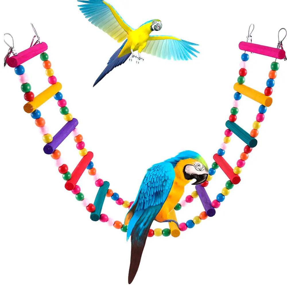 12-Step Wooden Bird Ladder - Colorful Climbing Bridge Toy for Parrots & Parakeets