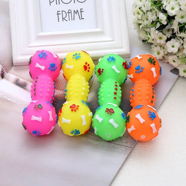Paw Print Dumbbell Dog Chew Toy - Interactive Squeaker Toy for Teeth Cleaning