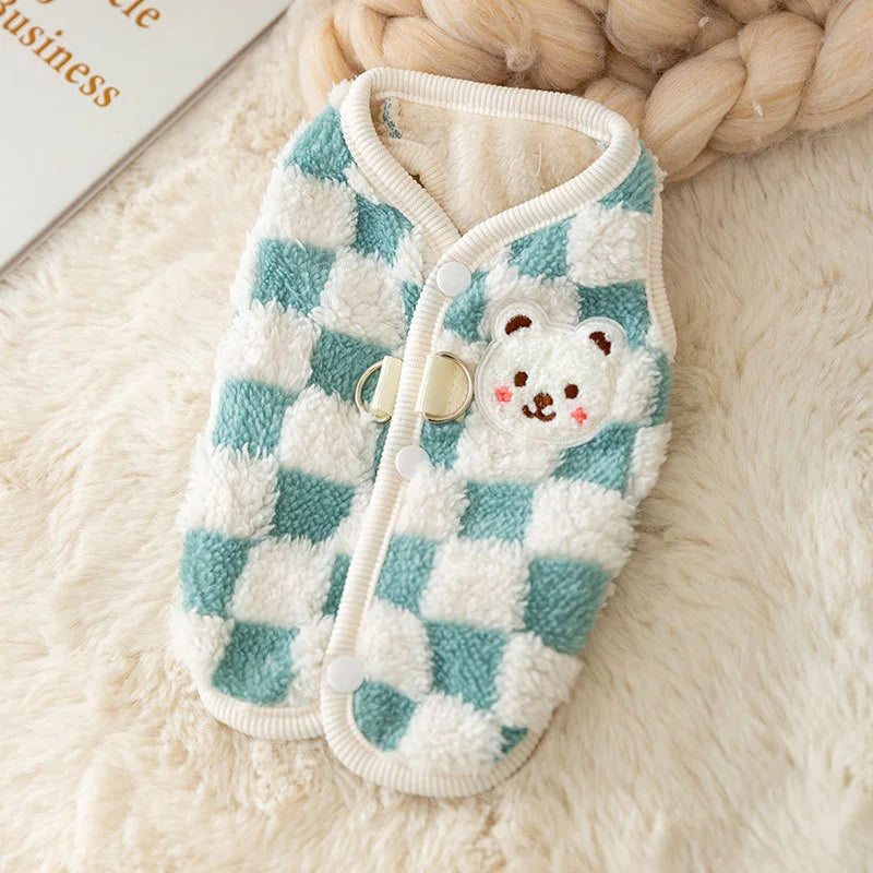 Cozy Bear Print Pet Sweater with Buckle - Winter Plush Jacket for Small Dogs & Cats
