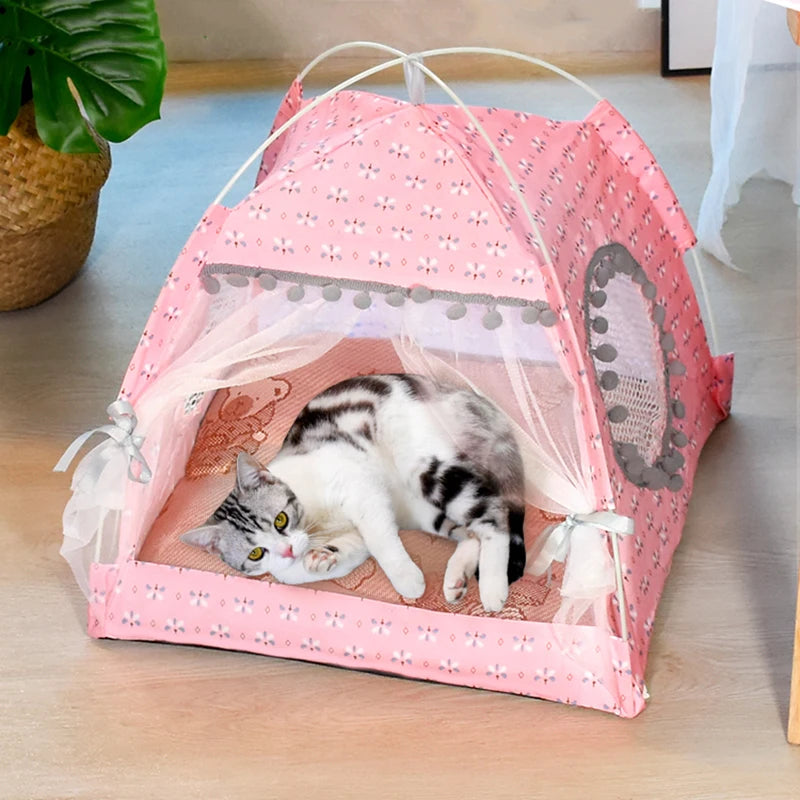 Semi-Enclosed Floral Cat Tent - Cozy All-Season Pet Bed