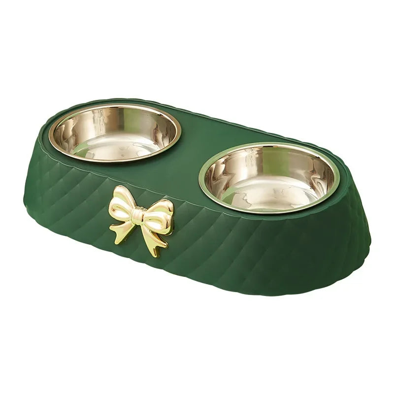 Pet Food & Water Double Bowl with Bowtie Design