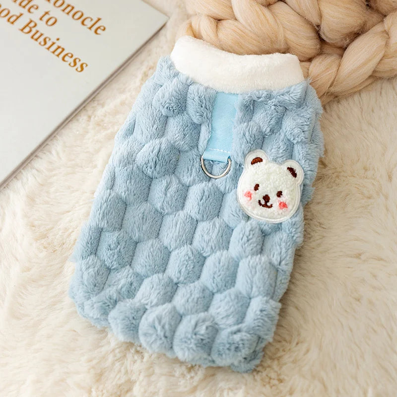Cozy Bear Print Pet Sweater with Buckle - Winter Plush Jacket for Small Dogs & Cats