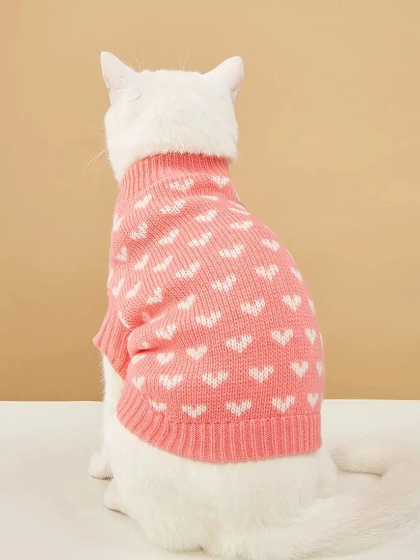 Heart Graphic Cat Sweater - Soft Warm Pet Hoodie