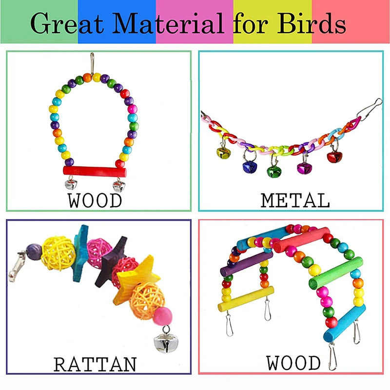 7-Piece Wooden Parrot Toy Set - Interactive Bird Cage Accessories with Swing, Bridge & Bells