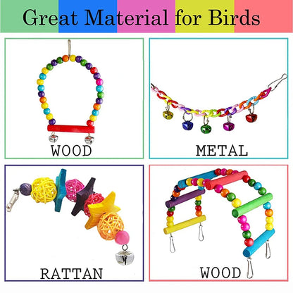 7-Piece Wooden Parrot Toy Set - Interactive Bird Cage Accessories with Swing, Bridge & Bells