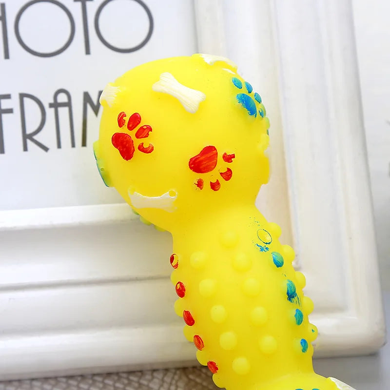 Paw Print Dumbbell Dog Chew Toy - Interactive Squeaker Toy for Teeth Cleaning