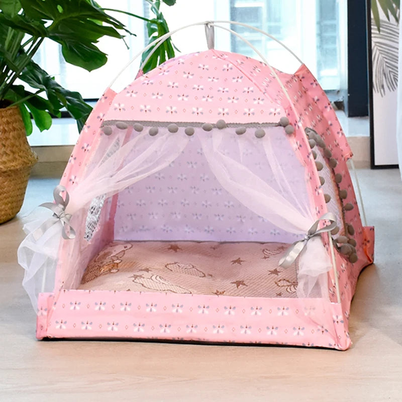 Semi-Enclosed Floral Cat Tent - Cozy All-Season Pet Bed