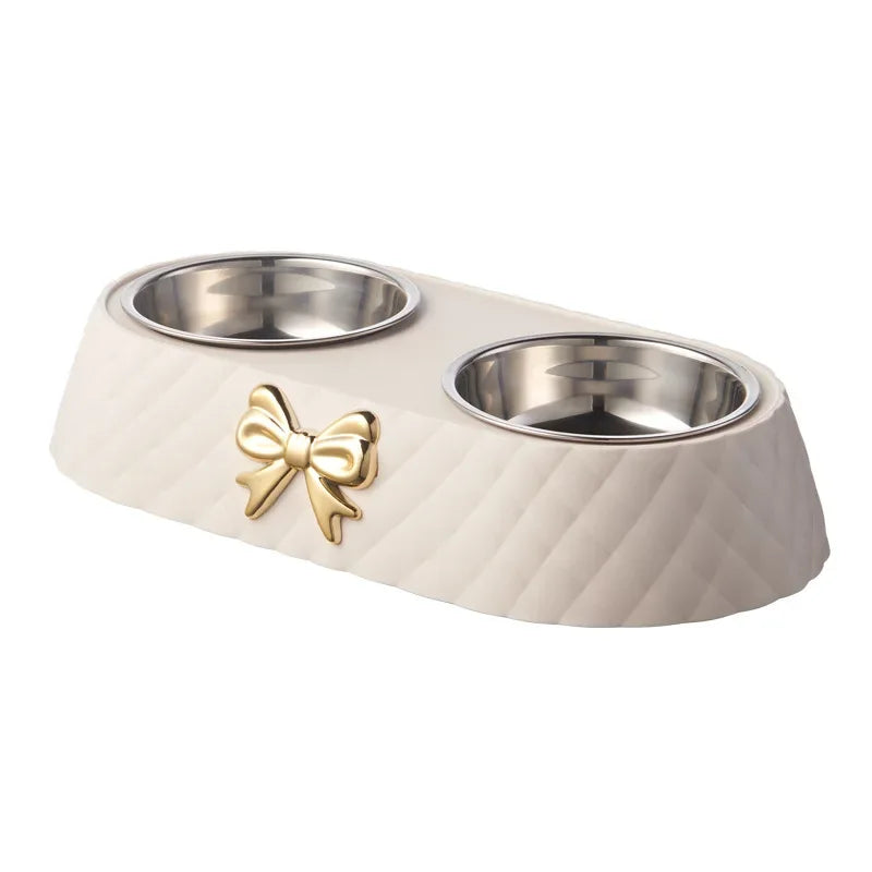 Pet Food & Water Double Bowl with Bowtie Design