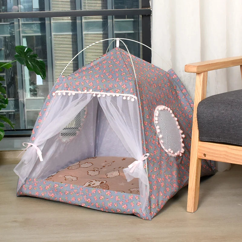 Semi-Enclosed Floral Cat Tent - Cozy All-Season Pet Bed
