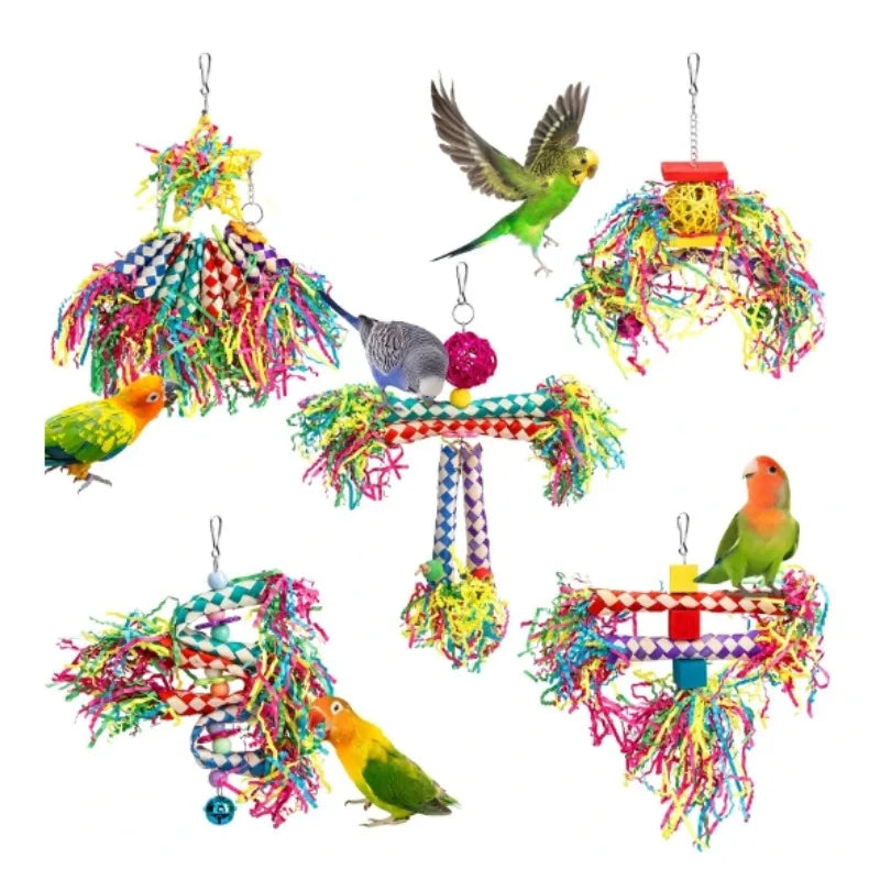 Premium Parrot Enrichment Toy Set - Natural Wood & Paper Silk Weaving
