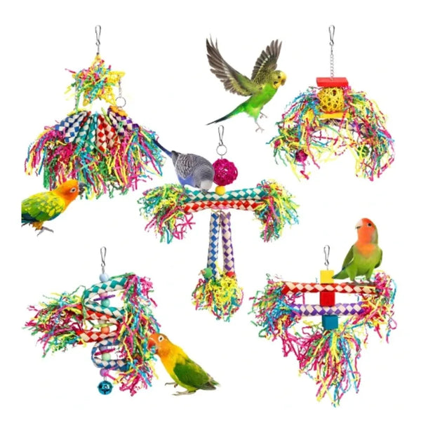 Premium Parrot Enrichment Toy Set - Natural Wood & Paper Silk Weaving