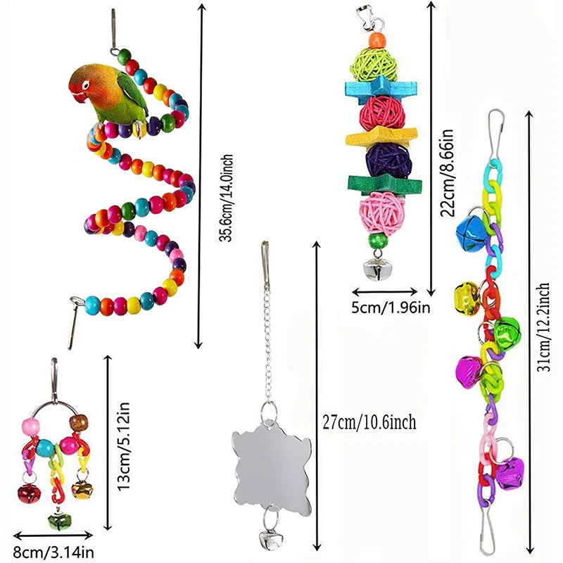 7-Piece Wooden Parrot Toy Set - Interactive Bird Cage Accessories with Swing, Bridge & Bells