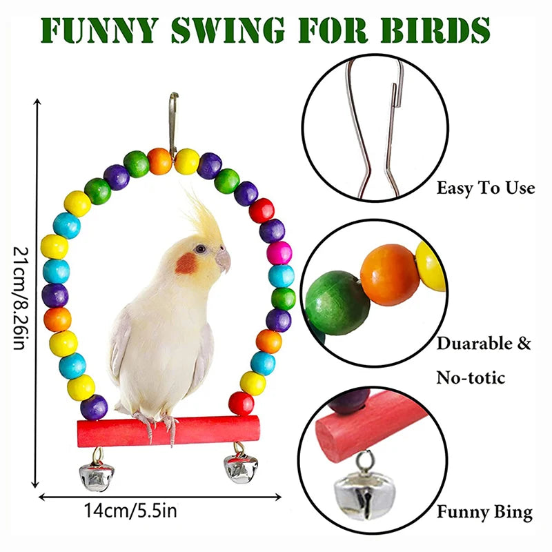 7-Piece Wooden Parrot Toy Set - Interactive Bird Cage Accessories with Swing, Bridge & Bells