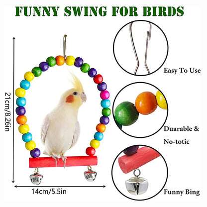 7-Piece Wooden Parrot Toy Set - Interactive Bird Cage Accessories with Swing, Bridge & Bells