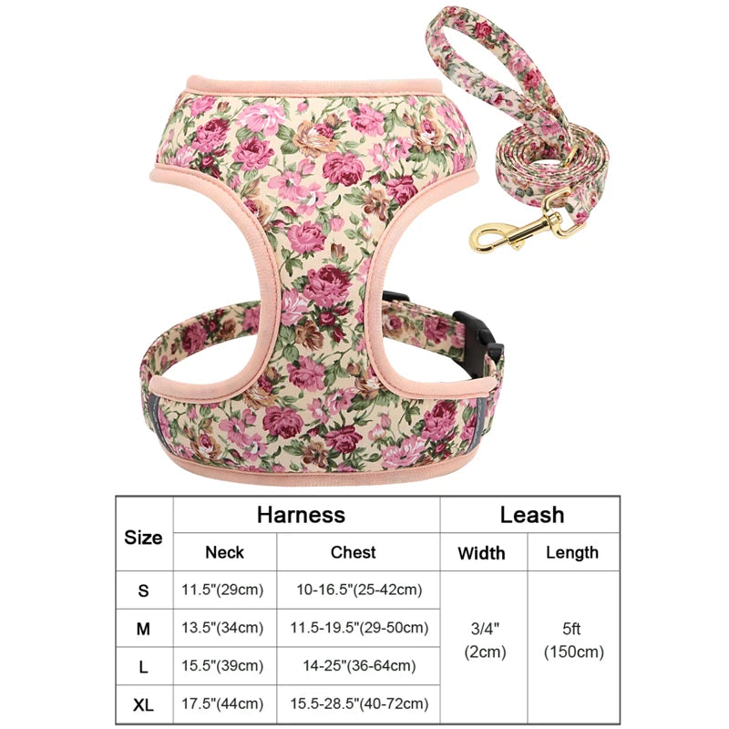 Floral Print Dog Harness and Leash Set - Adjustable Comfort Vest for Small to Large Dogs