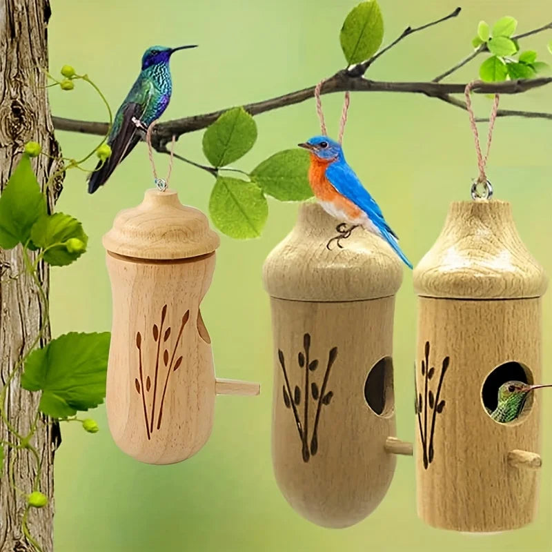 Wooden Hanging Hummingbird House - Handcrafted Outdoor Bird Nest