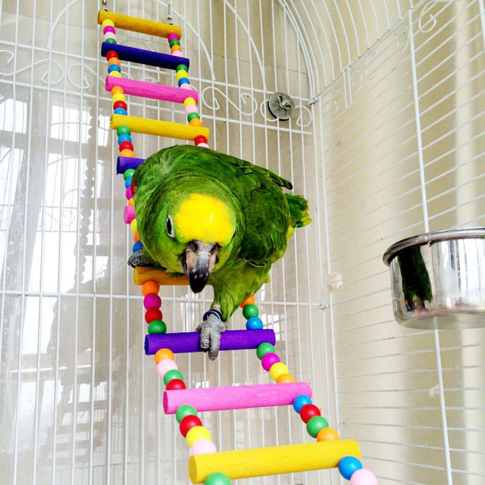 12-Step Wooden Bird Ladder - Colorful Climbing Bridge Toy for Parrots & Parakeets