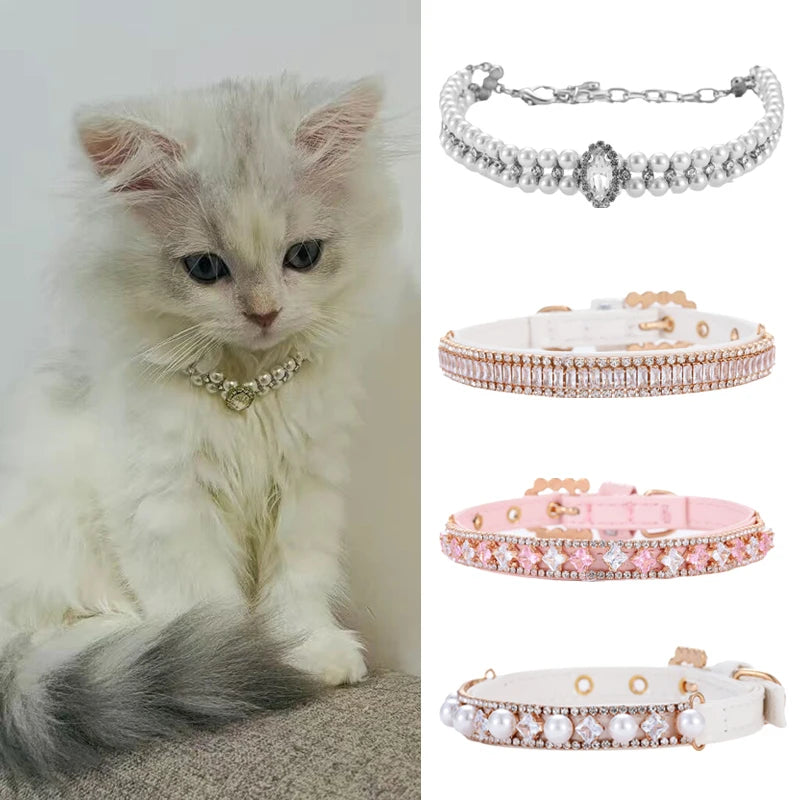 Luxury Pearl & Rhinestone Pet Collar Necklace for Cats and Small Dogs