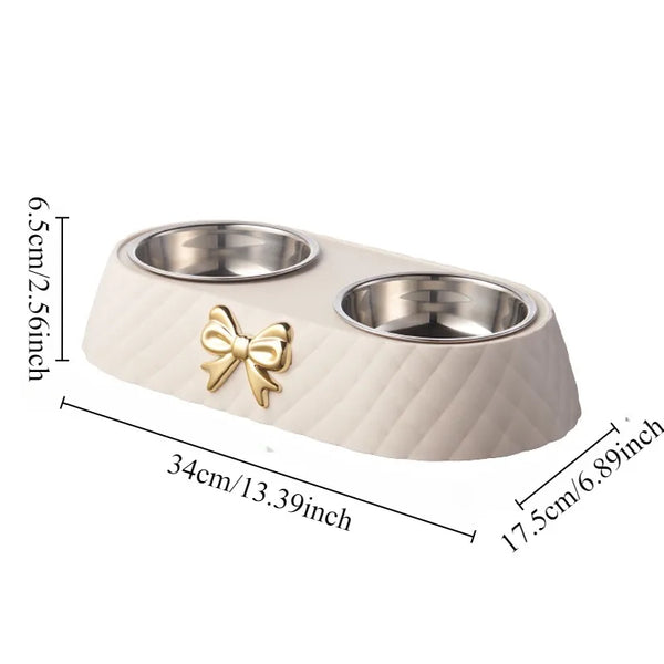 Pet Food & Water Double Bowl with Bowtie Design