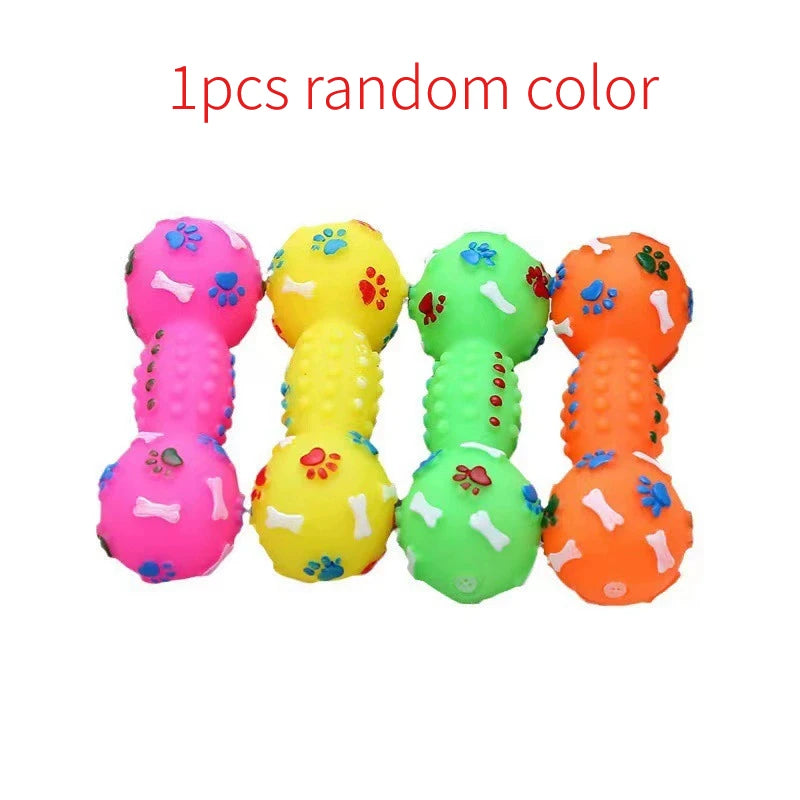 Paw Print Dumbbell Dog Chew Toy - Interactive Squeaker Toy for Teeth Cleaning
