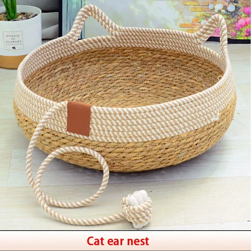Premium Woven Rattan Cat Bed - Breathable Summer Sleeping House