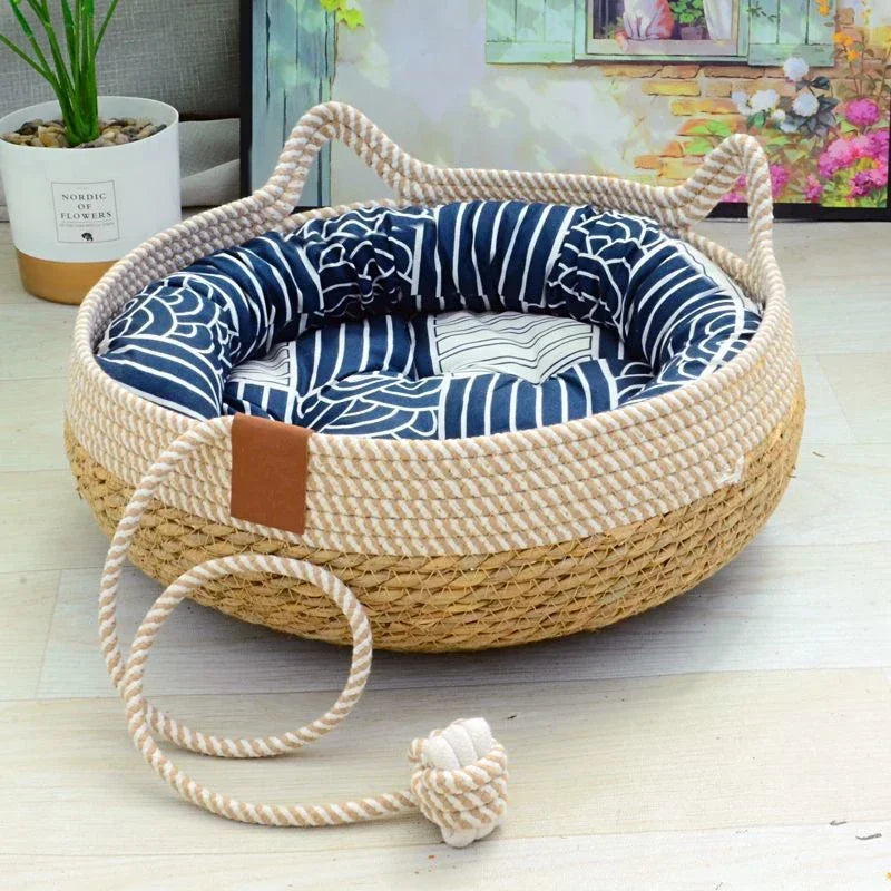 Premium Woven Rattan Cat Bed - Breathable Summer Sleeping House