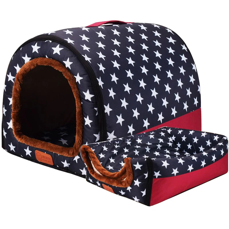 Cozy Star Print Pet House - Foldable Dog & Cat Bed