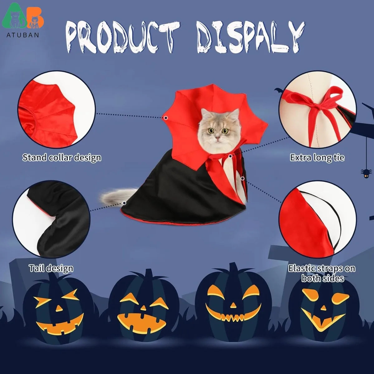 Pet Vampire Cloak - Halloween Costume for Cats & Small Dogs