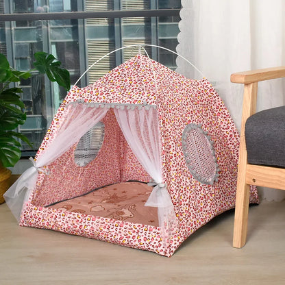 Semi-Enclosed Floral Cat Tent - Cozy All-Season Pet Bed