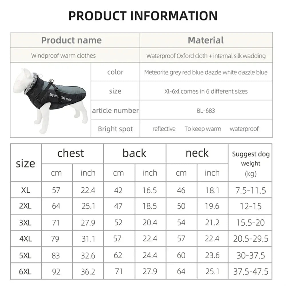 Premium Winter Dog Coat with Fur Collar for Large Dogs