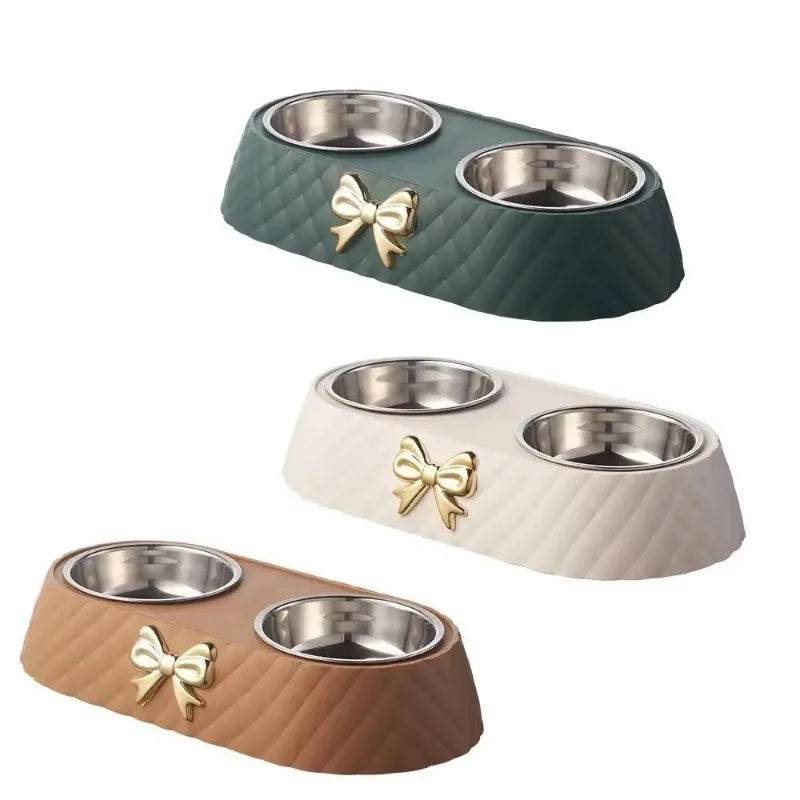 Pet Food & Water Double Bowl with Bowtie Design