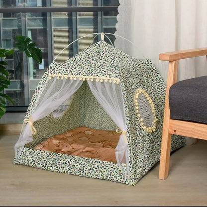 Semi-Enclosed Floral Cat Tent - Cozy All-Season Pet Bed