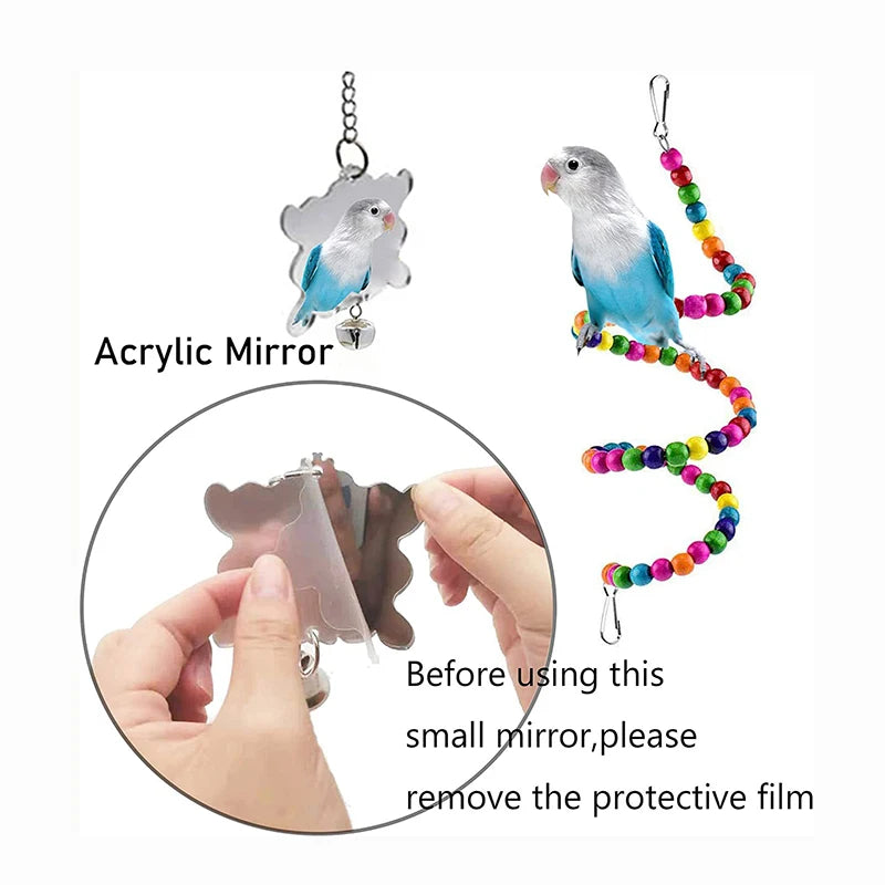 7-Piece Wooden Parrot Toy Set - Interactive Bird Cage Accessories with Swing, Bridge & Bells
