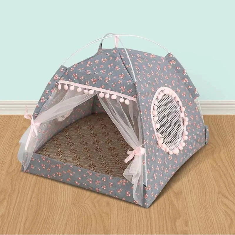 Semi-Enclosed Floral Cat Tent - Cozy All-Season Pet Bed